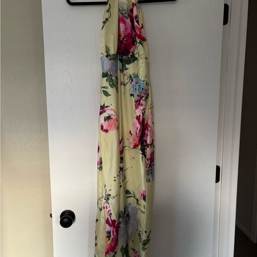 Luminous Delight Light Yellow Floral Satin Halter Midi Dress Medium - Picture 4 of 4